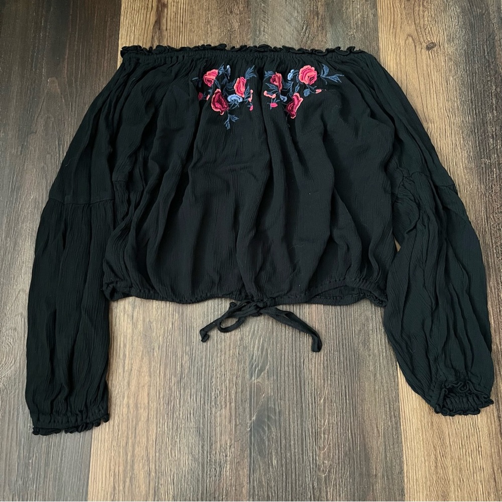 Hollister off the shoulder smocked embroidered top